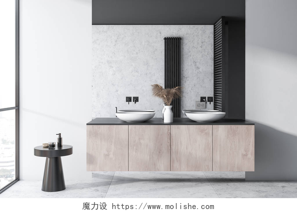 现代简约风格的漂亮洗手台现代明亮的浴室内饰。阁楼风格.